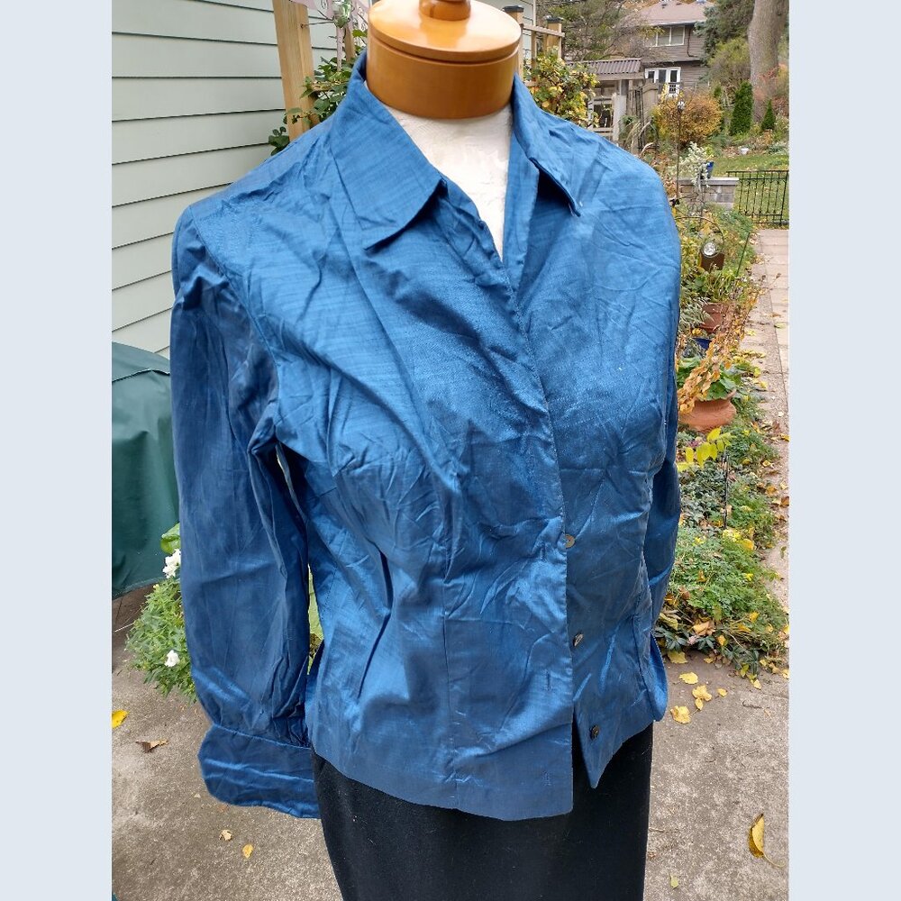 Vintage blouse: Silk, blue faint plaid long sleeve. Size small - by Rivollette